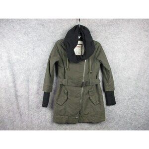 Military Jacket Women Small Olive Green Sherpa Quilted Lined Knit Neck Zip Coat